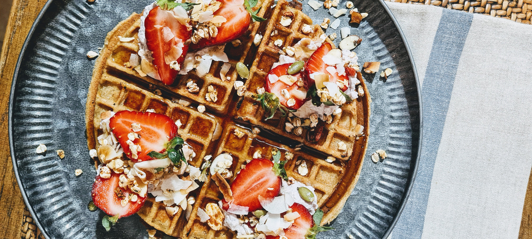 Vegan Coconut Waffles with Passionfruit Crunch & Maple
