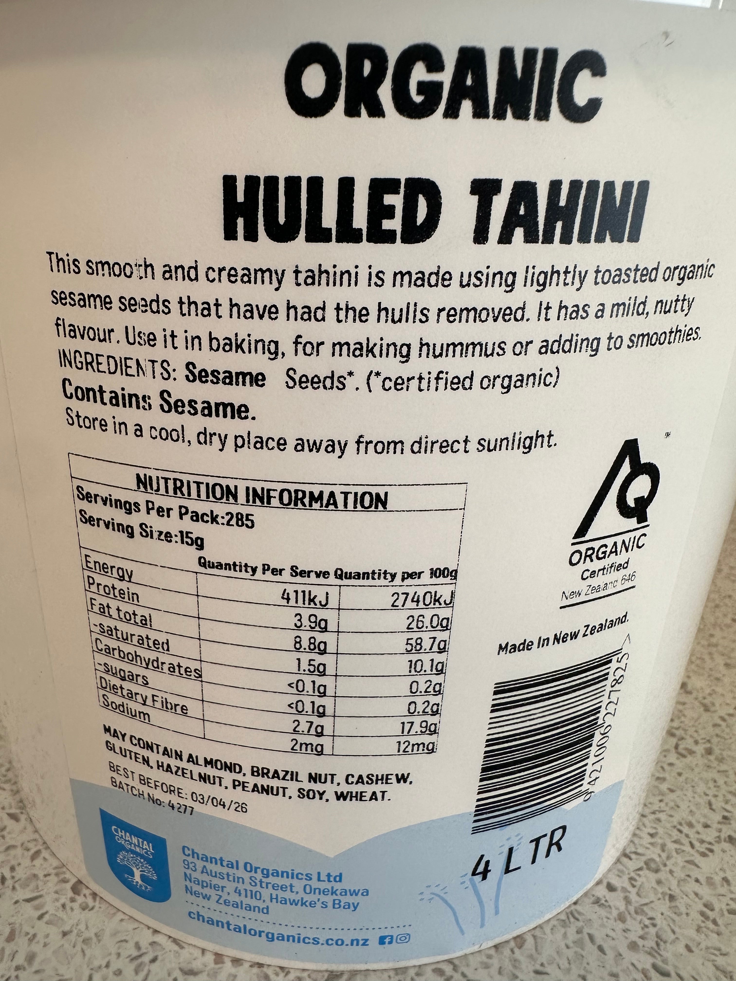 Organic Hulled Tahini - 4lt Pail